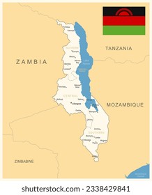 Malawi - detailed map with administrative divisions and country flag. Vector illustration