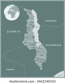 Malawi - mapa detallado con las divisiones administrativas del país. Ilustración vectorial