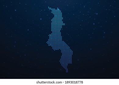 Malawi dotted map in futuristic style, glowing outline made of stars lines dots. Communication, internet technologies concept on dark blue space background. Vector illustration.