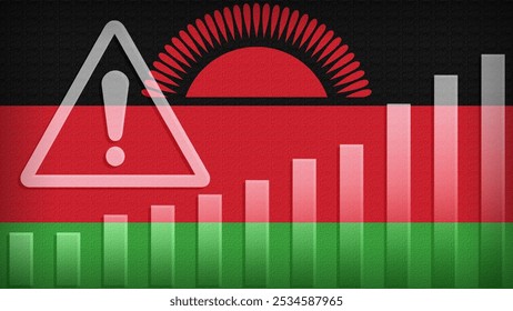 Malawi flag with burlap texture, warning sign, and rising bar chart symbolizing increasing risk or growth challenges in the country. Ideal for data presentations.