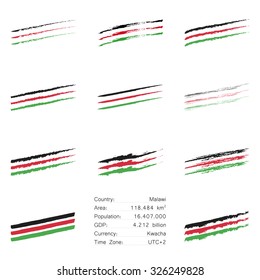 Malawi flag colored hand drawn lines set with different looks like brush, chalk, ink, paint and main informations about the country. 