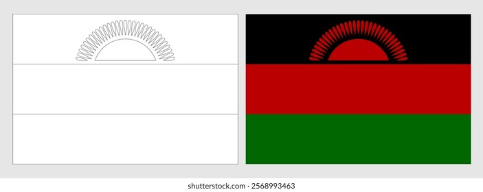 Malawi flag - coloring page. Set of white wireframe thin black outline flag and original colored flag.