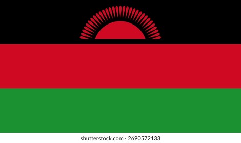 Design der malawischen Flagge. Malawi Nationalflagge Vektorgrafik. Malawi offizielle Farbe Flagge Design.