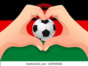 Malawi flag and hand heart shape. National football background. Soccer ball with flag of Malawi vector illustration