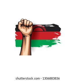 Malawi flag and hand on white background. Vector illustration
