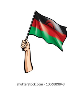 Malawi flag and hand on white background. Vector illustration