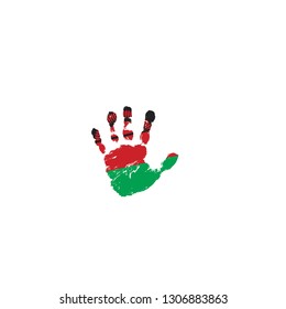 Malawi flag and hand on white background. Vector illustration