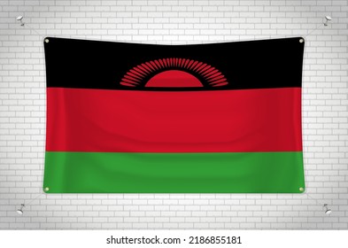 Malawi flag hanging on brick wall. 3D drawing. Flag attached to the wall. Neatly drawing in groups on separate layers for easy editing.