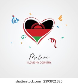 Bandera de Malawi con forma de corazón, con el lema de mi país por el Día de la Independencia de Malawi. Ilustración vectorial.