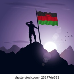 Bandeira do Malawi hasteada em um pico de montanha com um pôr do sol roxo ao fundo, ilustração vetorial