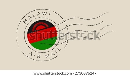 Malawi flag inside a circular air mail postage stamp with a vintage grunge effect for international travel concepts..