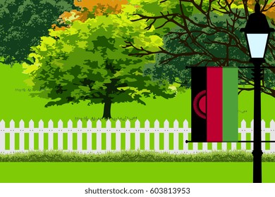Malawi Flag, Landscape of Park, Trees, Fence wooden and Street light Vector Illustration 