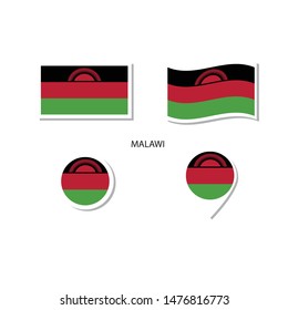 Malawi flag logo icon set, rectangle flat icons, circular shape, marker with flags.