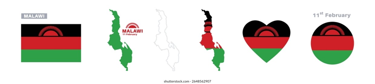 malawi flag and map set. malawi flag in official colors and proportions. independence day 11 february , map, circle and heart shaped malawi
