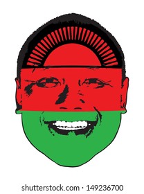 A Malawi flag on a face, isolated against white. 