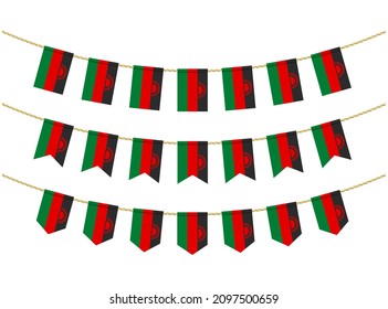 Bandera de Malawi en las cuerdas de fondo blanco. Juego de banderas Patrióticas. Decoración de manto de la bandera de Malawi