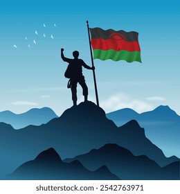 Malawi Flag raised on a mountain peak with clear sky in the background, vector illustration