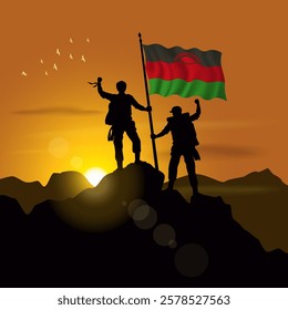 Malawi flag, silhouette of two climbers holding flags at sunset