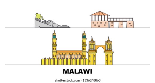 Malawi Flat Landmarks Vector Illustration. Malawi Line City With Famous Travel Sights, Design Skyline. 