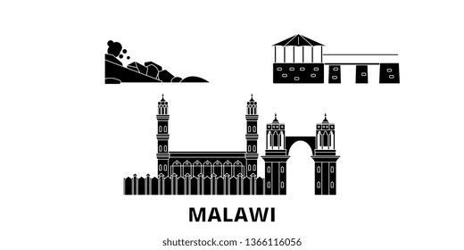 Malawi Flat Travel Skyline Set. Malawi Black City Vector Illustration, Symbol, Travel Sights, Landmarks.