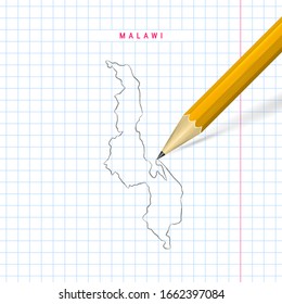 Malawi freehand pencil sketch outline map on checkered school notebook background. Realistic 3D pencil with soft shadow.