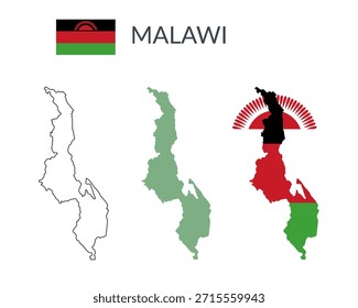 Fronteiras geográficas do Malawi isoladas sobre fundo branco. Bandeira do Malawi. Cliparts planas vetoriais.