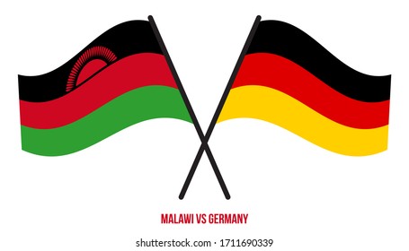Banderas de Malawi y Alemania Cruzadas y ondeando estilo plano. Proporción oficial. Colores correctos.
