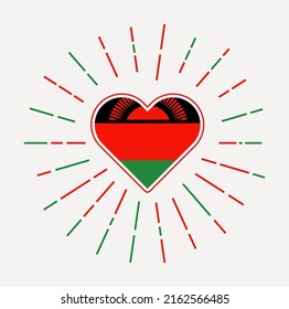 Malawi heart with the flag of the country. Sunburst around the Malawi heart sign. Vector illustration.