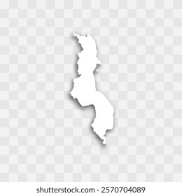 Malawi high detailed vector representation of country silhouette. White color on transparent background with dropped shadow. For educational, decorative, or informational use.