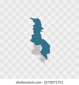 Malawi high detailed vector representation of country silhouette. 3D map on transparent background with dropped shadow. For educational, decorative, or informational use.