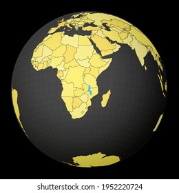 Malawi highlighted on a dark globe with a yellow world map. Satellite world projection centered on Malawi. Trendy vector illustration.