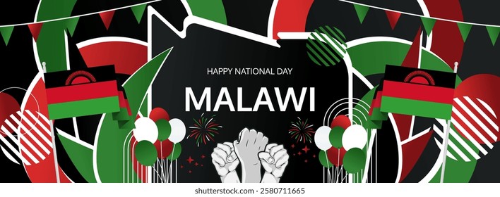 Malawi Independence Day modern greeting banner. 6 July Happy National Day. Holidays abstract concept in flag colors. Great for event like carnival, feast poster, support, culture and tourism