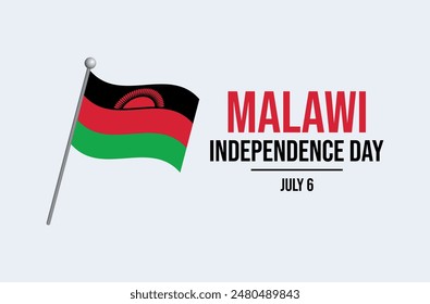 Malawi Independence Day poster vector illustration. Malawi flag on a pole icon isolated on a gray background. Waving Malawi flag symbol. Template for background, banner, card. July 6 each year