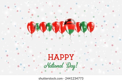 Malawi Independence Day Sparkling Patriotic Poster. Row of Balloons in Colors of the Malawian Flag. Greeting Card with National Flags, Confetti and Stars.
