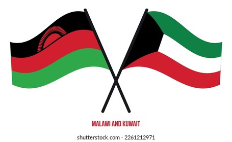 Malawi and Kuwait Flags Crossed And Waving Flat Style. Official Proportion. Correct Colors.