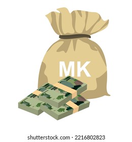 Malawi Kwacha Vector Illustration. Malawian money set bundle banknotes. Money bag 1000 MWK. Flat style. Isolated on white background. Simple minimal design.