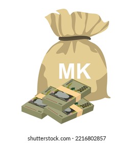 Malawi Kwacha Vector Illustration. Malawian money set bundle banknotes. Money bag 2000 MWK. Flat style. Isolated on white background. Simple minimal design.