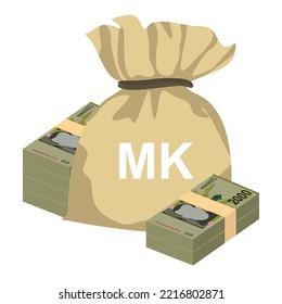 Malawi Kwacha Vector Illustration. Malawian money set bundle banknotes. Money bag 2000 MWK. Flat style. Isolated on white background. Simple minimal design.