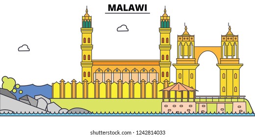 Malawi Line Skyline Vector Illustration. Malawi Linear Cityscape With Famous Landmarks, City Sights, Vector, Design Landscape.