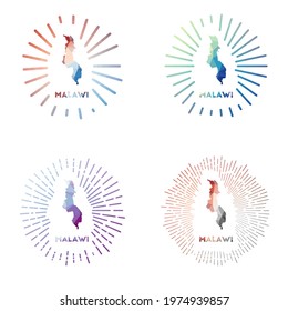 Malawi low poly sunburst set. Logo of country in geometric polygonal style. Vector illustration.
