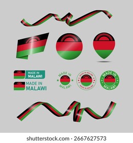 Malauí feito com logo. Conjunto de sinalizadores de design ícone de etiqueta, listras, fitas
