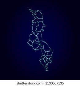 Malawi map: blue glitter outline with sparkling stars on dark background. Detailed map of Malawi. Vector illustration.