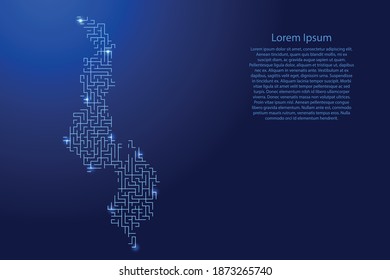 Malawi Karte aus blauem Muster des Labyrinths und leuchtendes Raumsternengitter. Vektorgrafik.