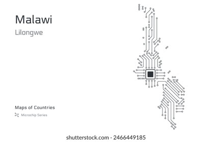 Malawi Map with a capital of Lilongwe Shown in a Microchip Pattern. E-government. World Countries vector maps. Microchip Series	