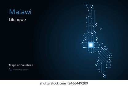 Mapa de Malawi con la capital de Lilongüe mostrado en un patrón de microchip. Gobierno electrónico. Mapas de Vector de Países Mundiales. Serie de microchips	