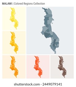 Malawi map collection. Country shape with colored regions. Blue Grey, Yellow, Amber, Orange, Deep Orange, Brown color palettes. Border of Malawi with provinces for your infographic.