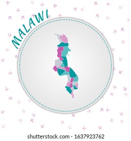 Malawi map design. Map of the country with regions in emerald-amethyst color palette. Rounded travel to Malawi poster with country name and airplanes background. Attractive vector illustration.
