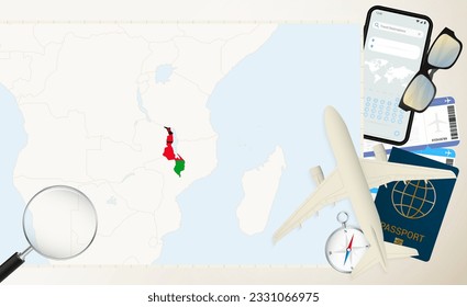 Malawi map and flag, cargo plane on the detailed map of Malawi with flag, passport, magnifying glass and airplane. Vector template.