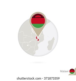 Malawi map and flag in circle. Map of Malawi, Malawi flag pin. Map of Malawi in the style of the globe. Vector Illustration.
