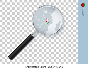 Mapa de Malawi con bandera en lupa sobre fondo transparente. Voz vectorial con mapa.